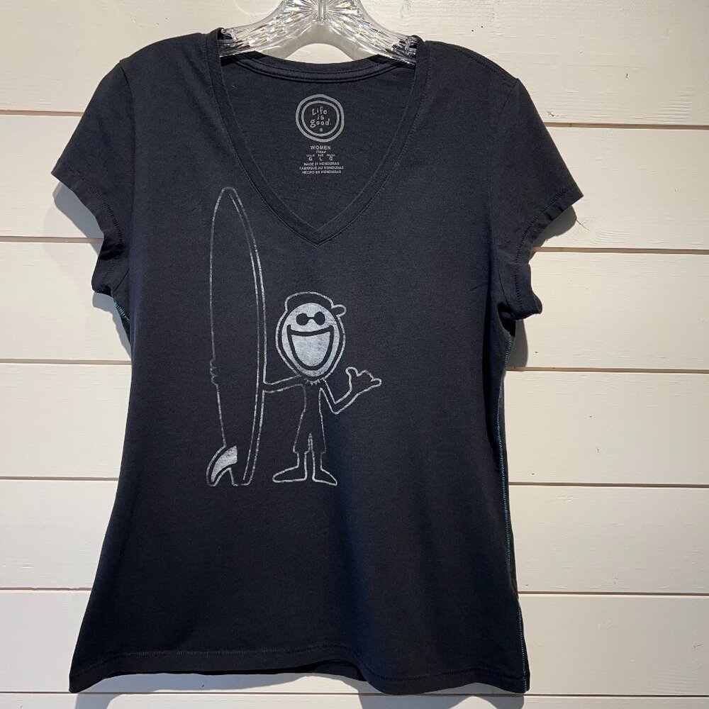 Life Is Good Women's Black V-Neck Tee with Surfing Stick Figure